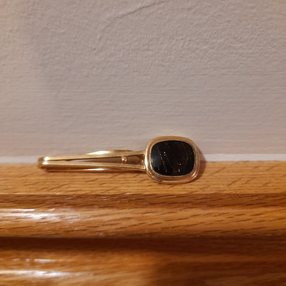 Vintage Tie Bar Clip Slide Gold Tone Black Sparkle Dapper